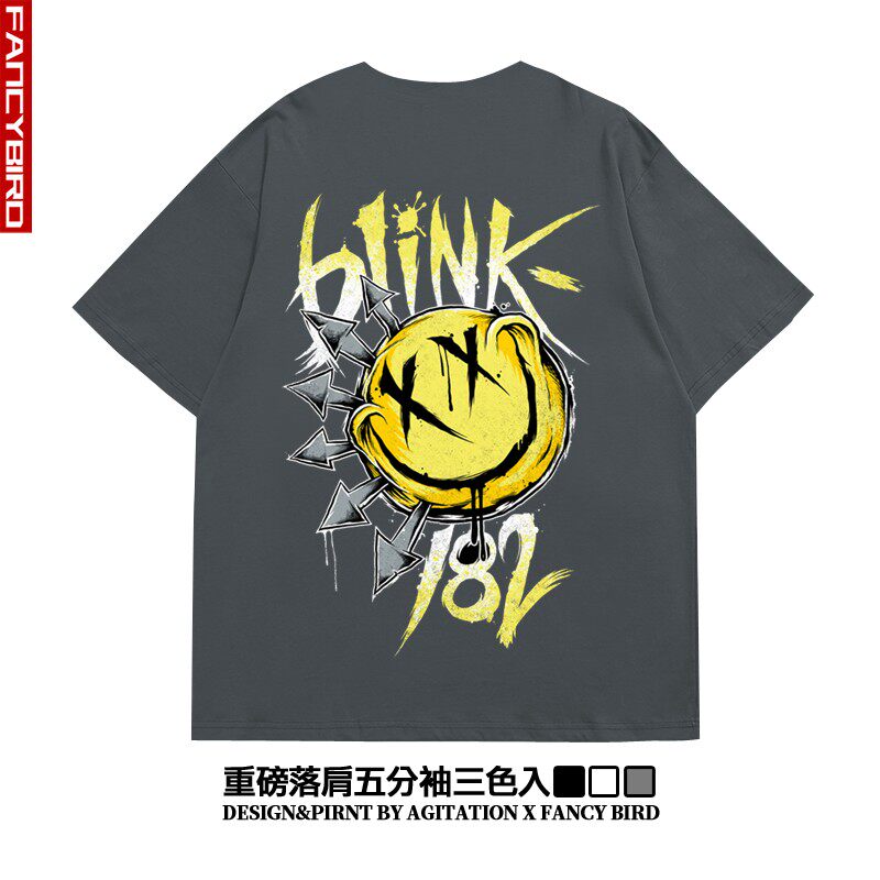 阿美咔叽摇滚blink-182街头潮流oversize落肩五分重磅t恤