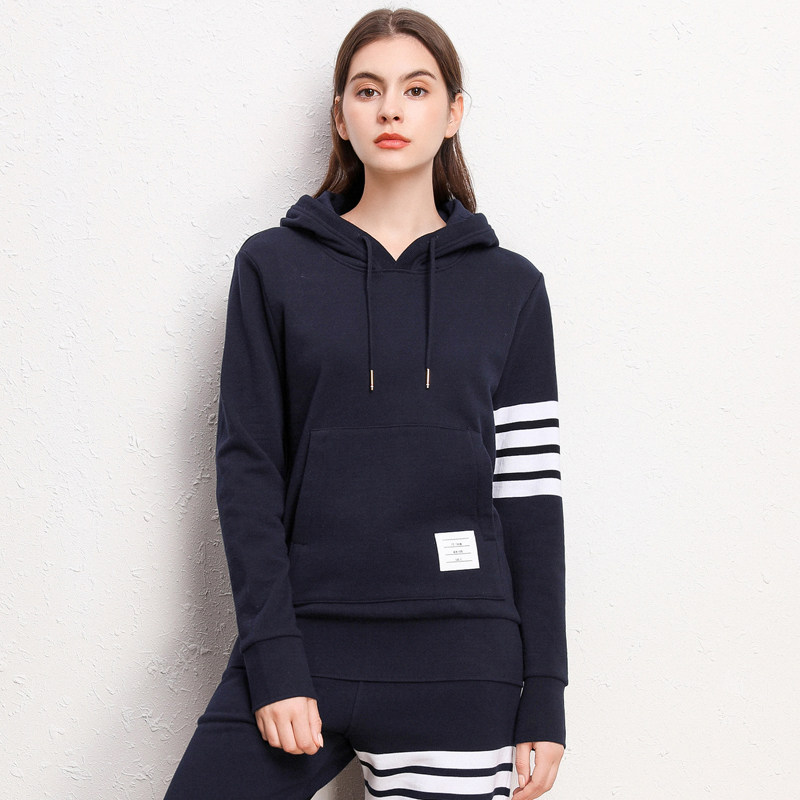 潮牌tbthom四道杠连帽卫男女套头帽衫情侣装卫衣