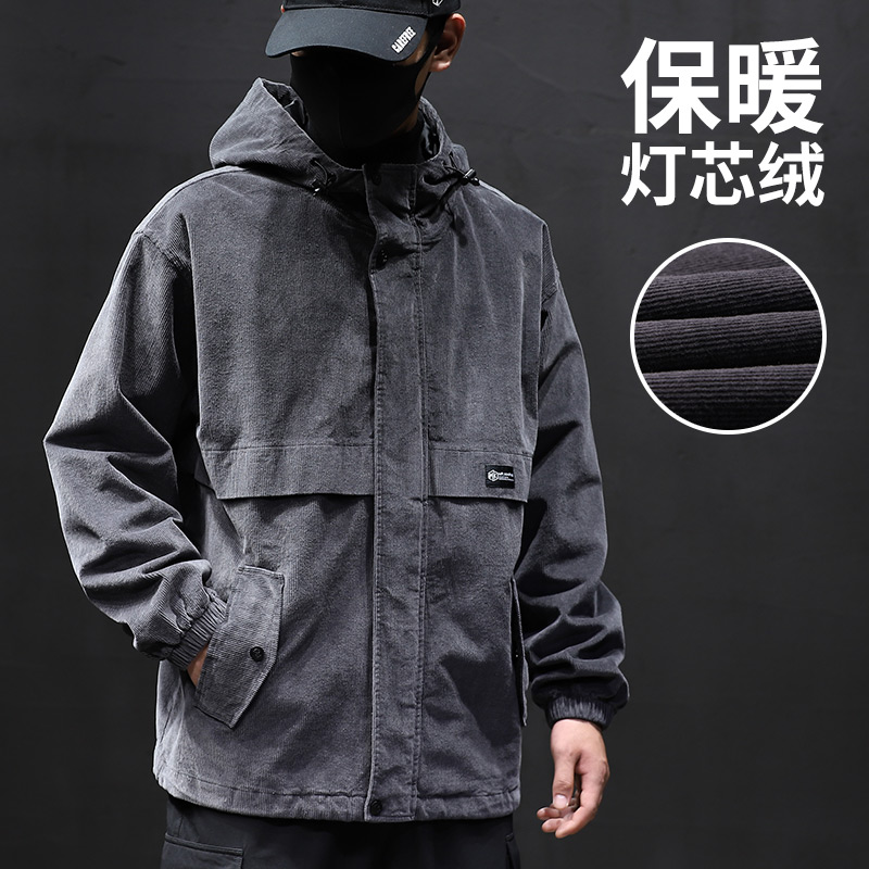 春秋男外套连帽灯芯绒加厚工装条绒加肥加大码冬季男士夹克潮胖子