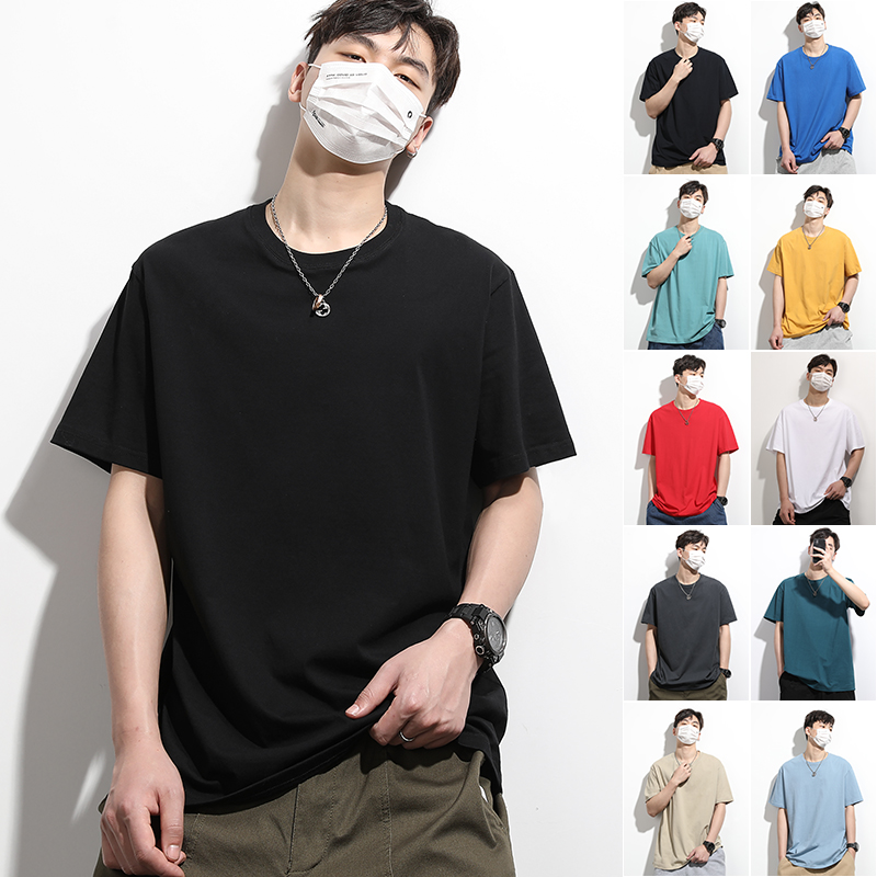 新疆棉T恤男宽松大码内搭纯色纯棉夏季薄款短袖圆领打底衫潮牌黑