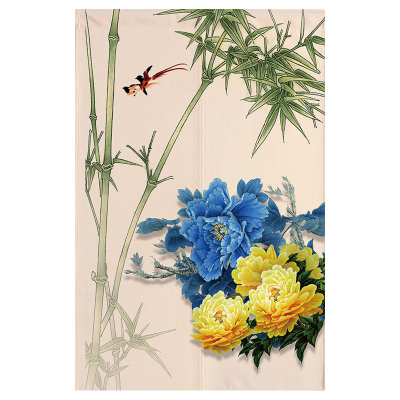 中式牡丹花国画遮挡客厅隔断门帘卧室家用打孔门帘