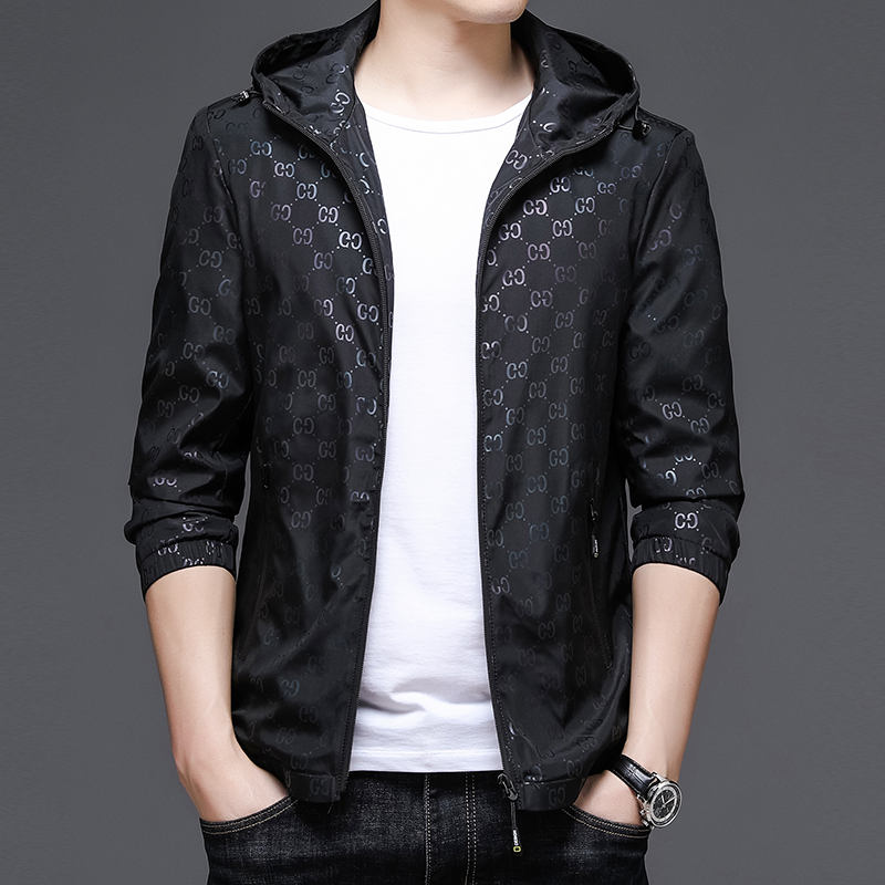 春秋季薄款运动潮流印花连帽夹克衫男韩版休闲宽松外套夏季防晒衣