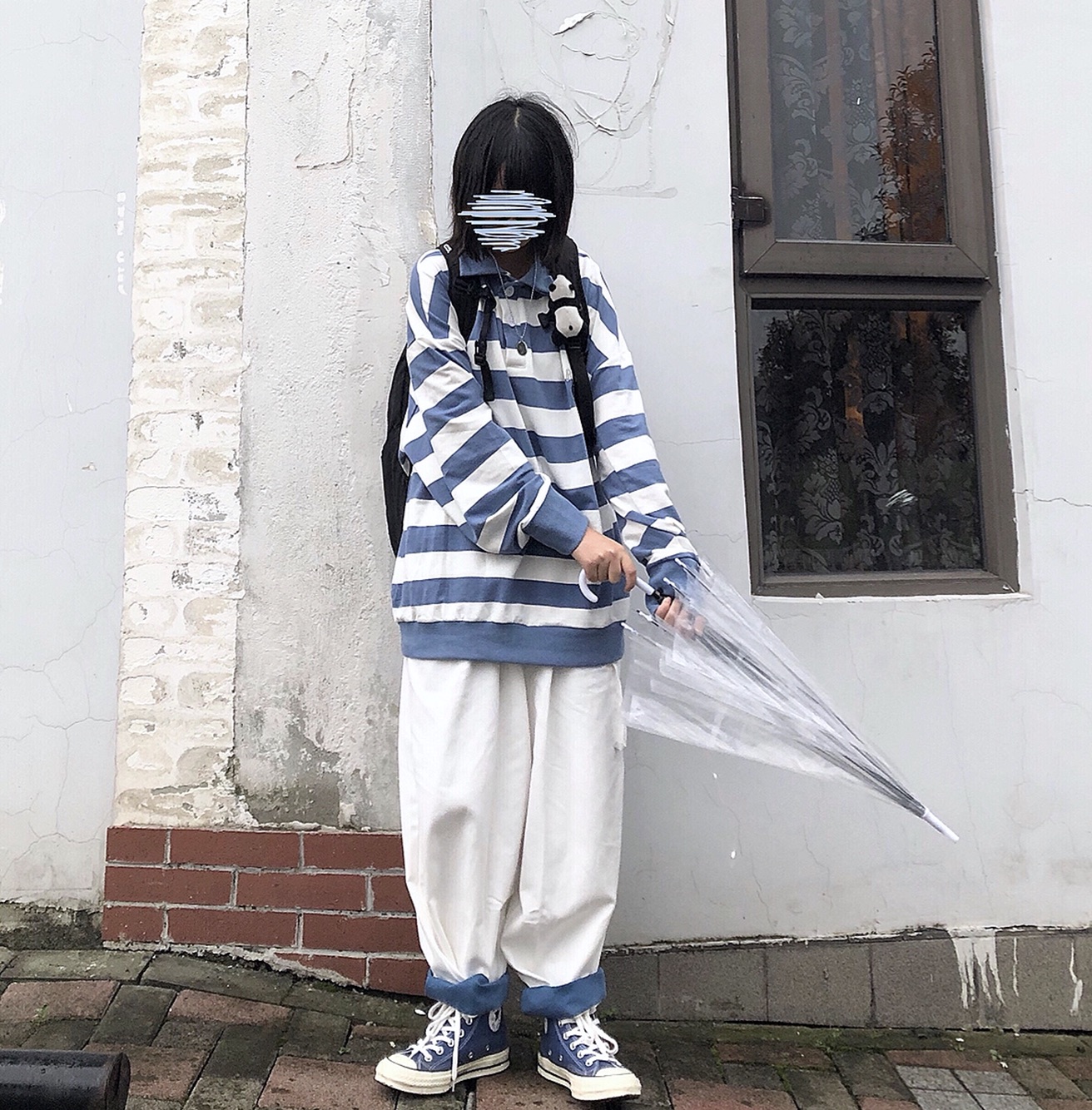 takeoff咖喱春日蓝白条纹polo衫国宽松oversize显瘦卫衣