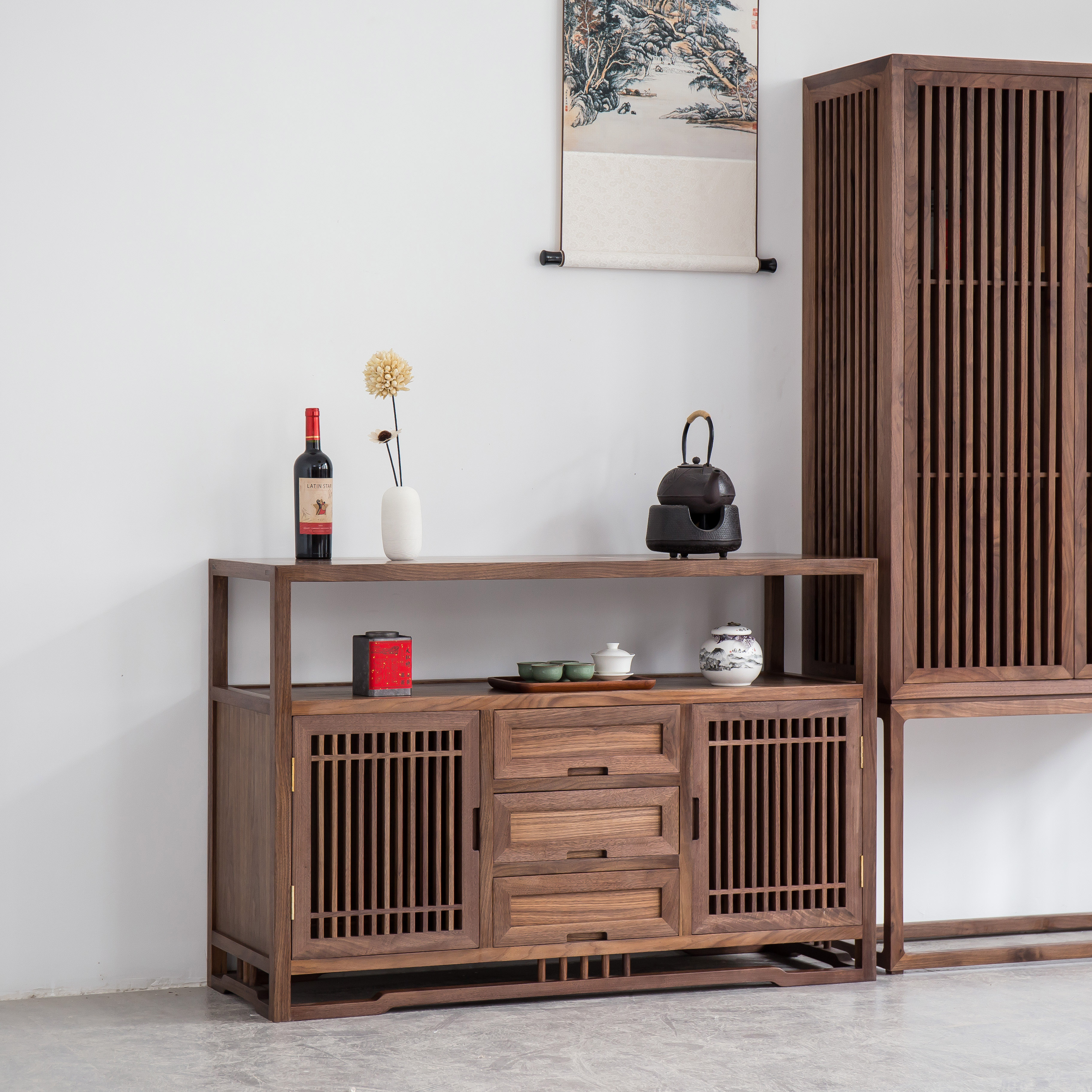 新中式榆木客厅茶柜边柜胡桃柜黑茶叶餐边柜水柜餐边柜