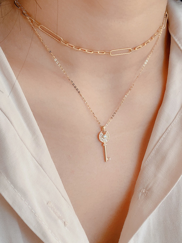 jmo满锆链颈锁骨纯金钥匙圆形闪耀项链韩国颈饰