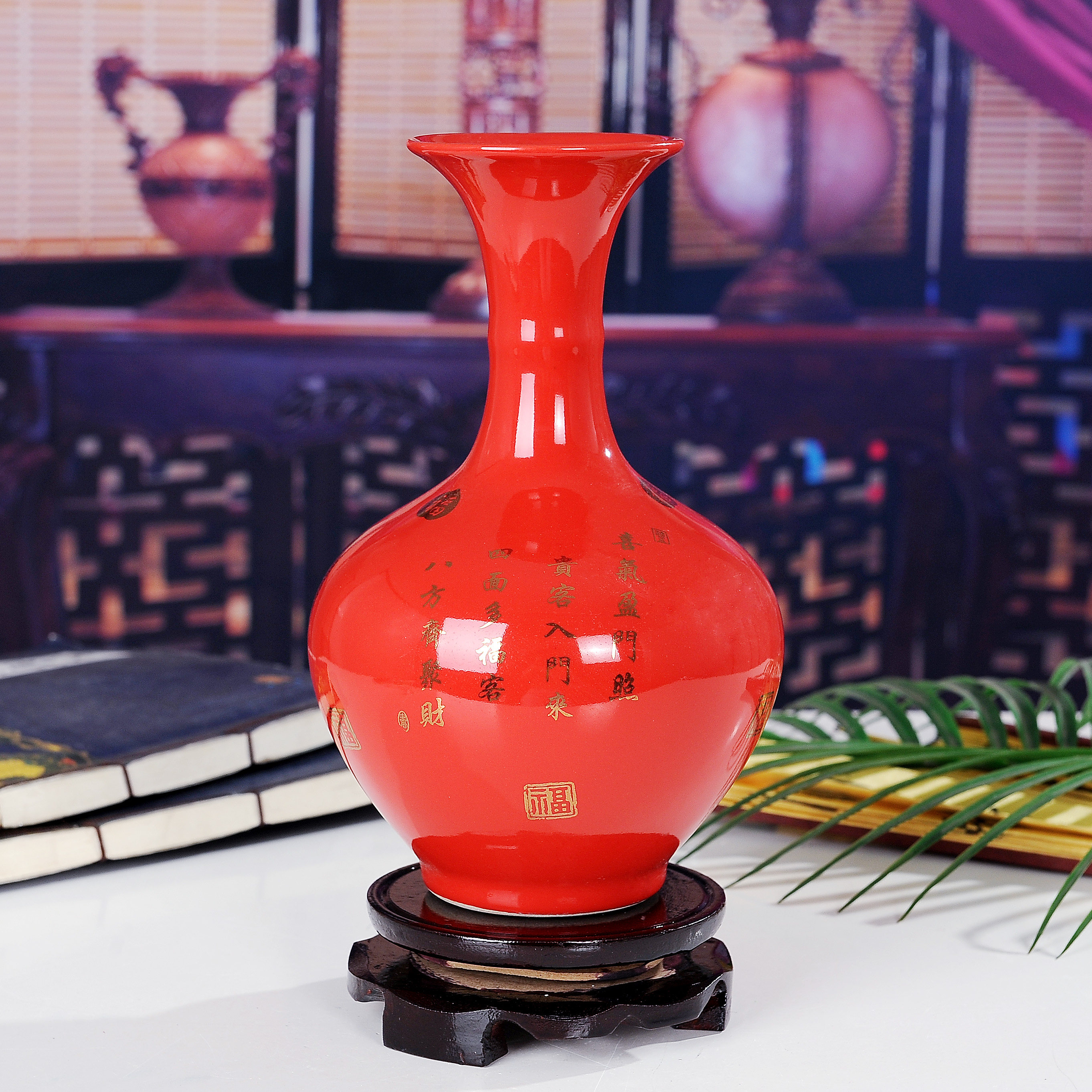 包邮景德镇陶瓷器中国牡丹红色花瓶喜庆工艺品摆件花瓶