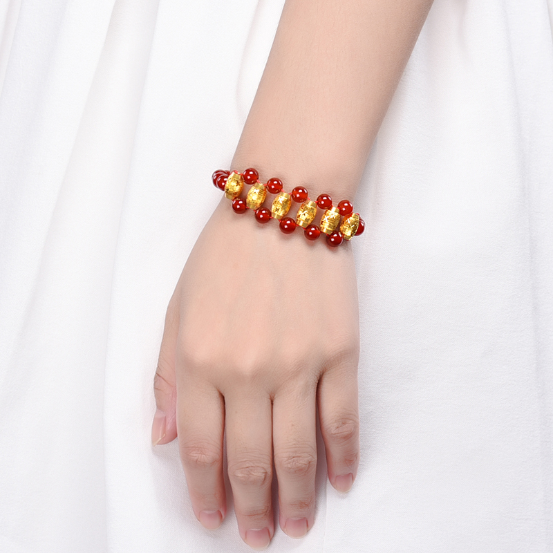 黄金手链999足金3d硬金小金珠本命年手工编织红绳玛瑙手串女送礼