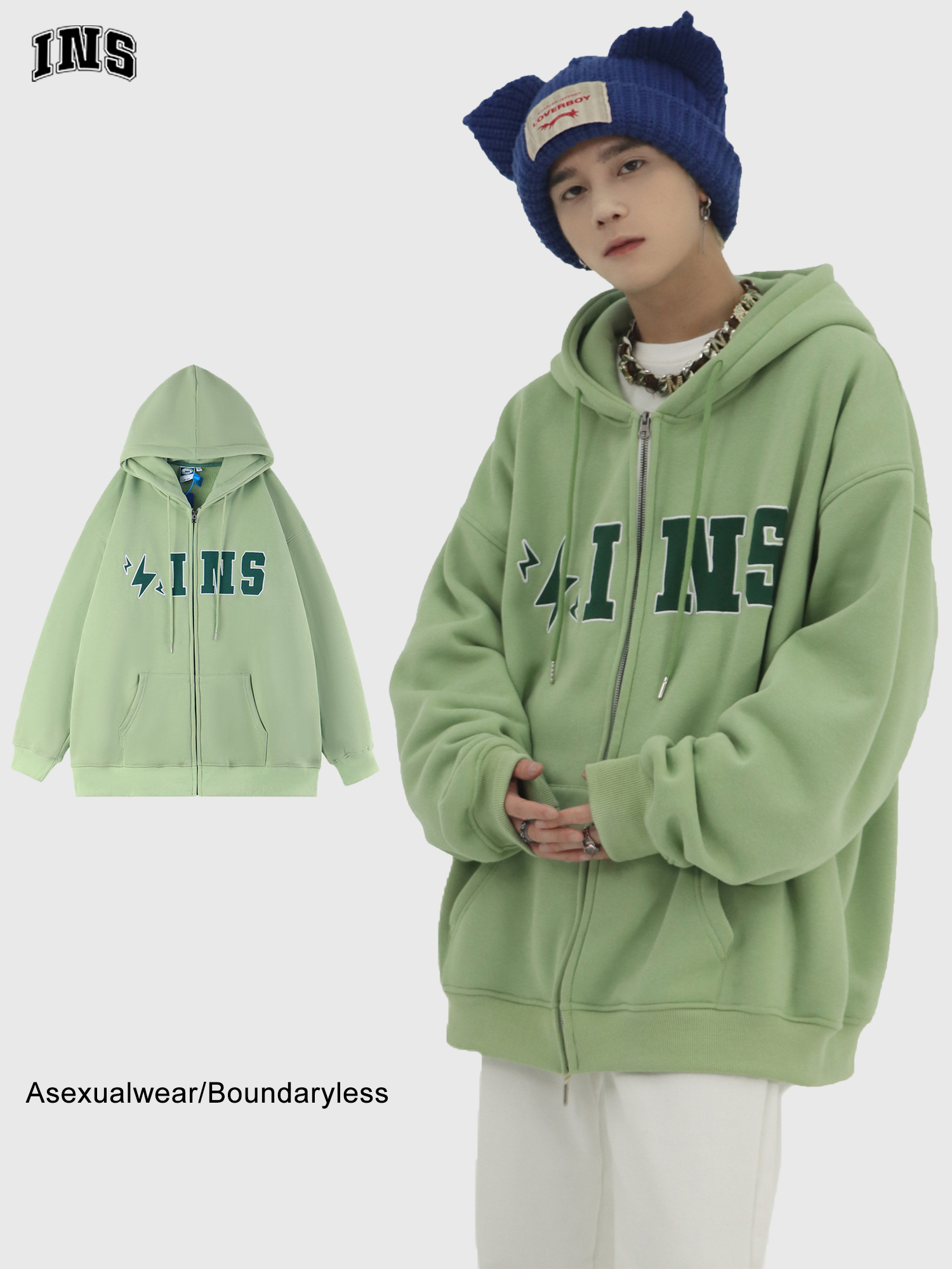 INSstudios 冰淇淋四色LOGO开衫自制国潮牌情侣加绒卫衣外套男女