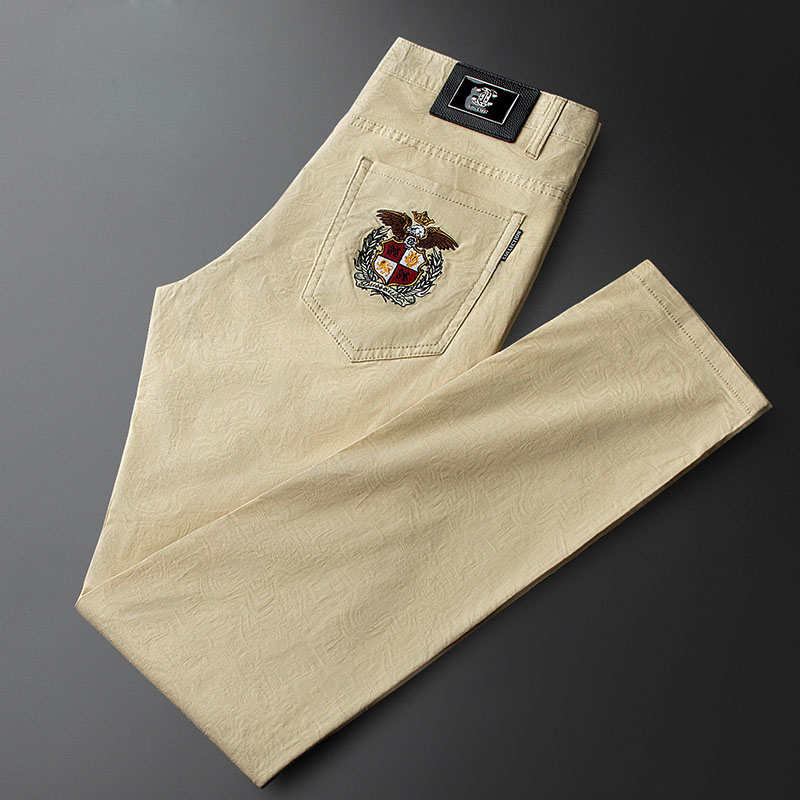 夏季轻奢时尚休闲裤男薄款舒适透气男士印花卡其色裤子男小直筒潮