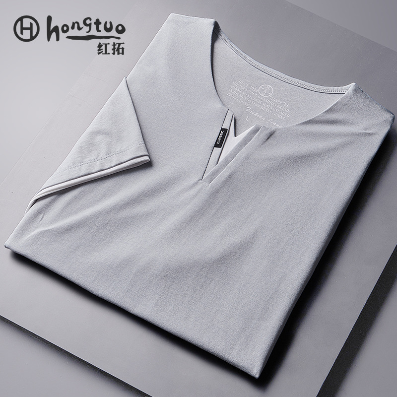 2022男丝滑无痕冰丝V领短袖t恤男潮夏季百搭休闲轻商务轻奢打底衫