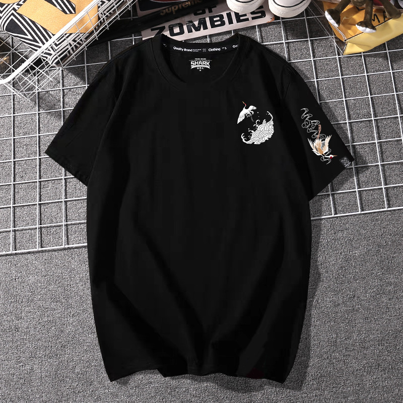 中国风国潮t恤男短袖潮流男士2022新款夏季宽松圆领潮牌仙鹤半袖