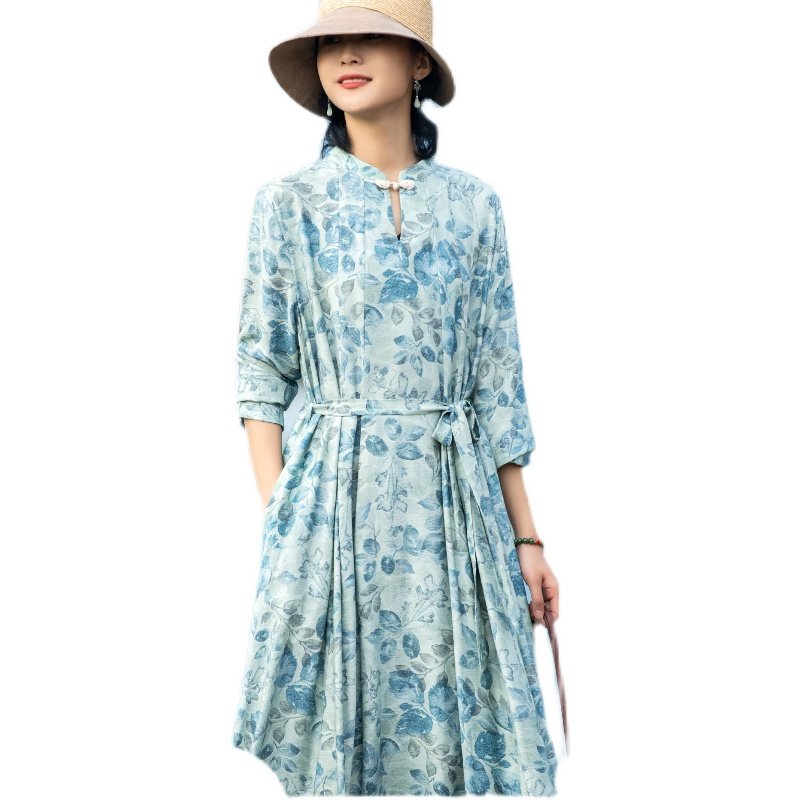 丝棉连衣裙2022年春秋高端气质碎花文艺女装中长款高级感长袖裙子