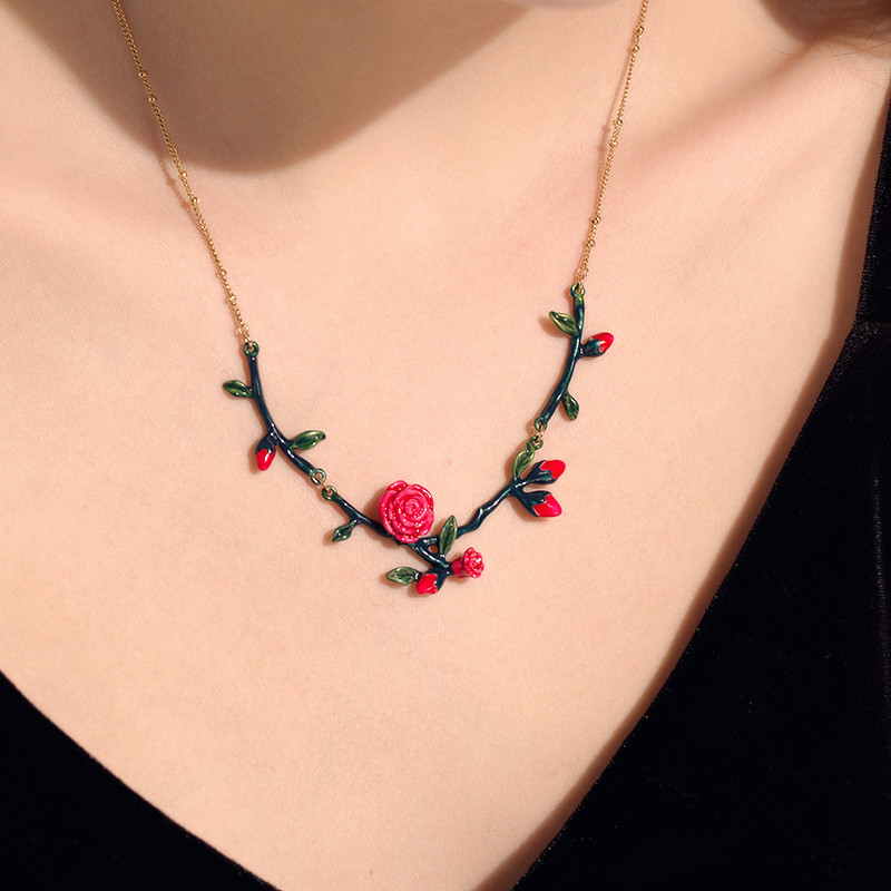 项链珐琅荆棘玫瑰女士花朵原创小众铜件镀金项链