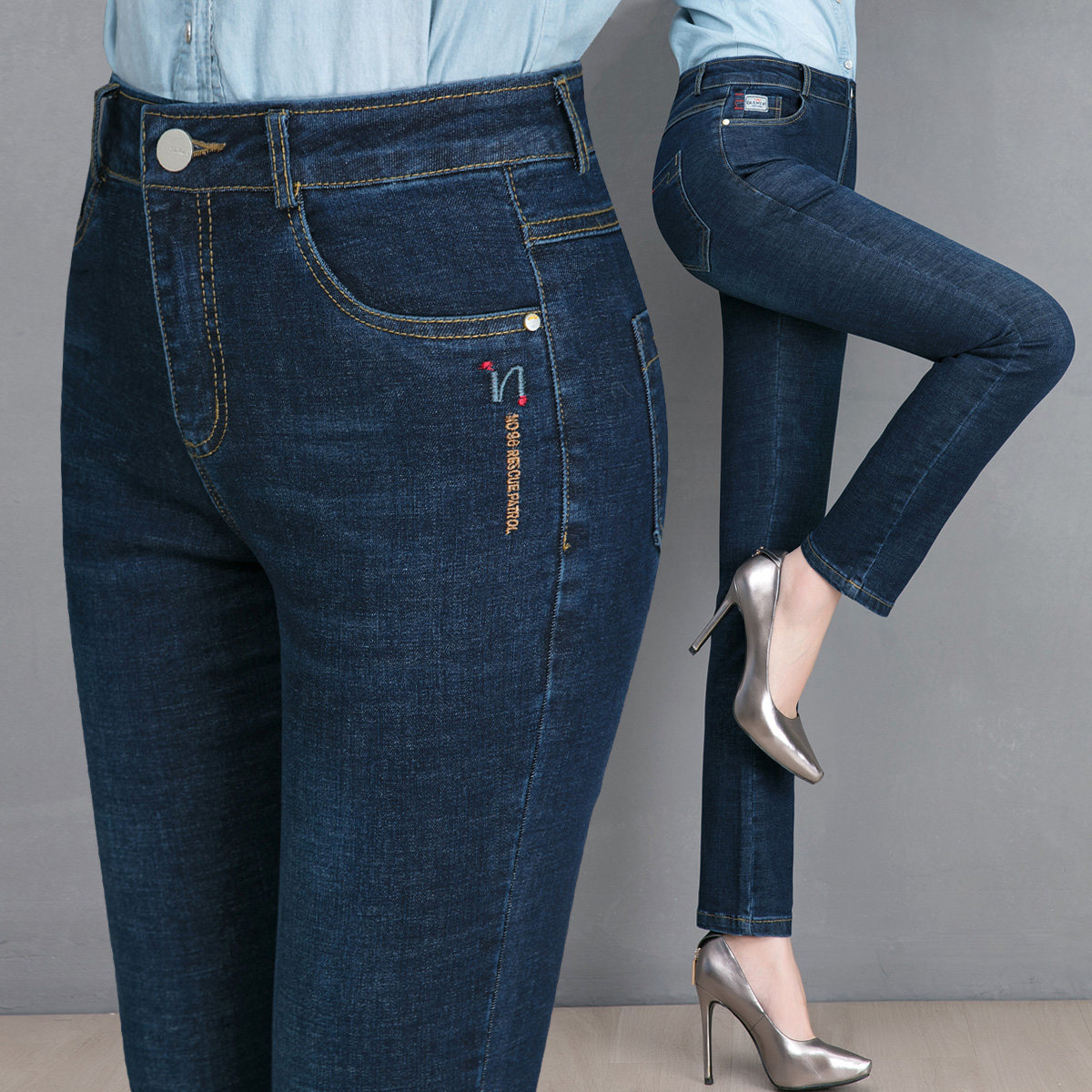 秋天中年女裤妈妈装中修身小直筒牛仔裤秋季女士牛仔裤