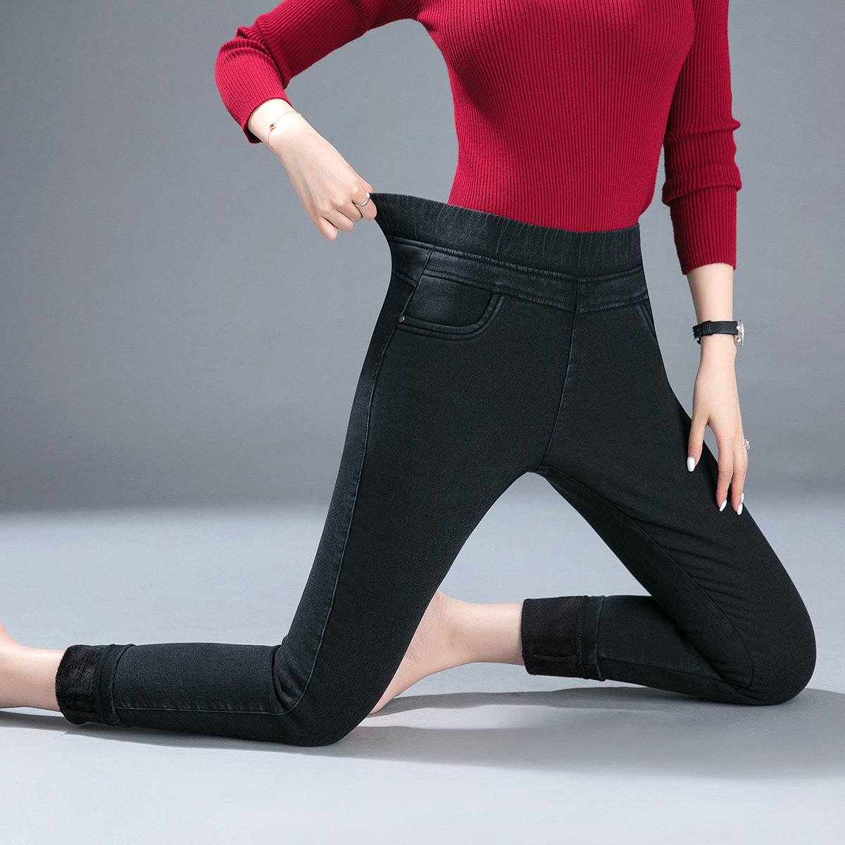 冬季女士牛仔紧身弹力高弹力中年加厚外穿底裤打底裤