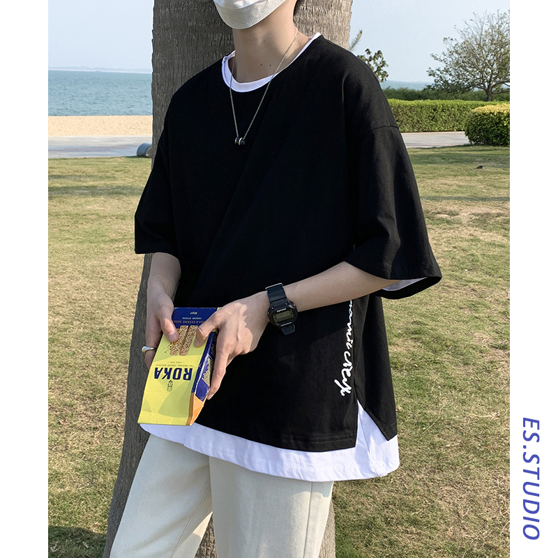 夏季男生原宿风t恤ins潮牌超火cec假两件情侣短袖宽松五分袖上衣