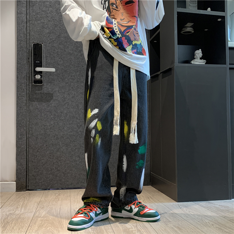 vibe潮牌高街美式阔腿裤子男夏季薄款嘻哈涂鸦直筒牛仔裤复古长裤