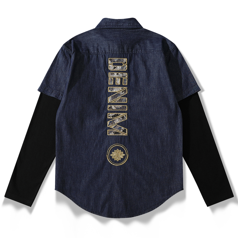 21春秋新款丹宁刺绣牛仔衬衫假两件金线绣花休闲长袖撞色个性男女
