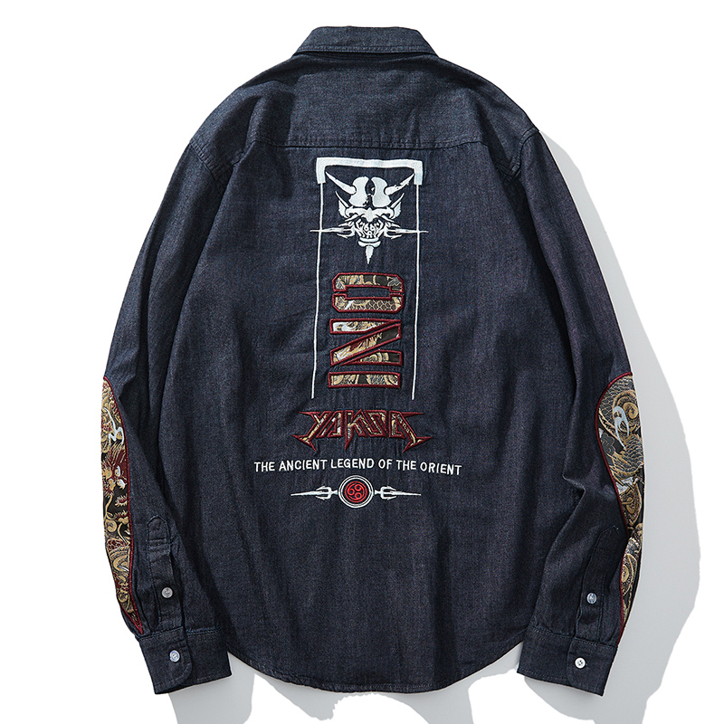2021 DENIM刺绣夜叉提花水滴袖摇滚牛仔衬衫丹宁男士秋装日系衬衣