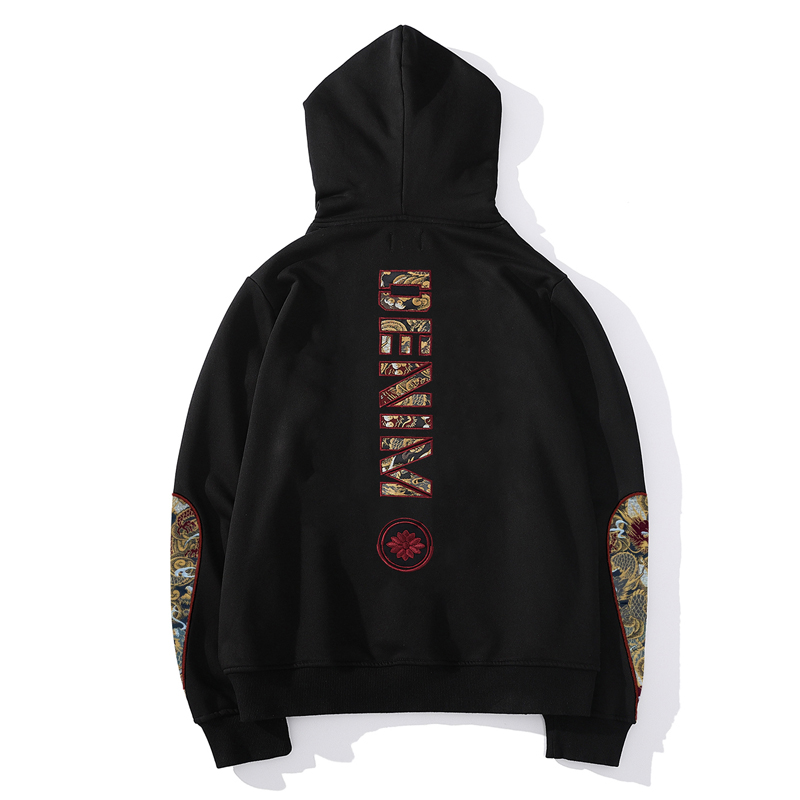 2022春秋新款丹宁刺绣龙纹日系绣花潮牌连帽套头外套男士加绒卫衣