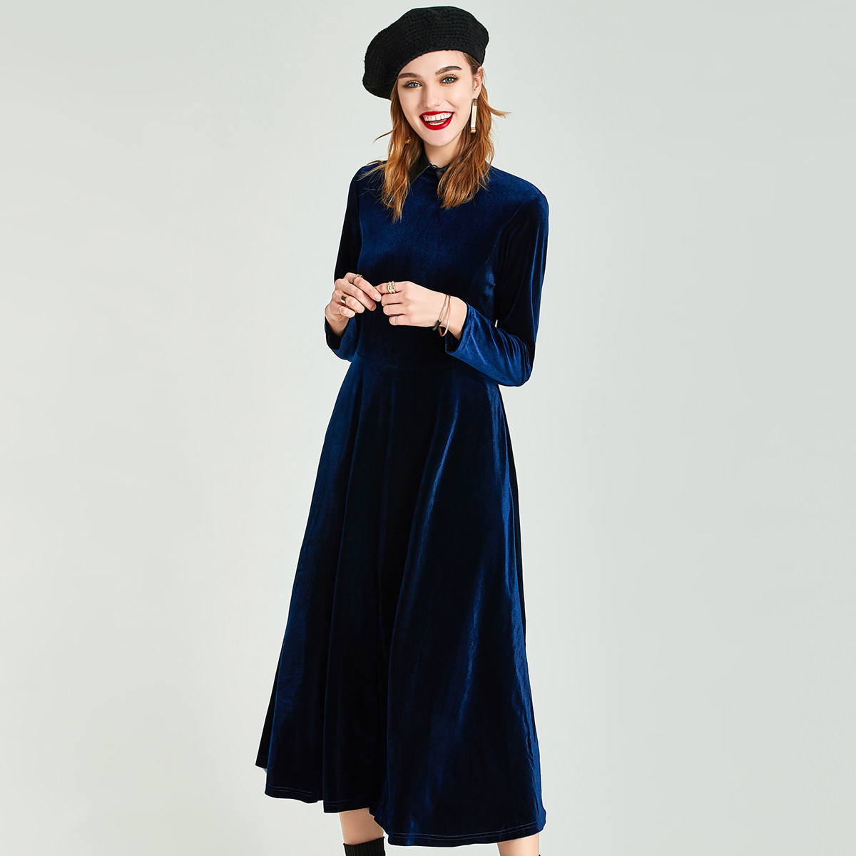 havva2020秋冬新款丝绒连衣裙女中中长款收腰显气质连衣裙