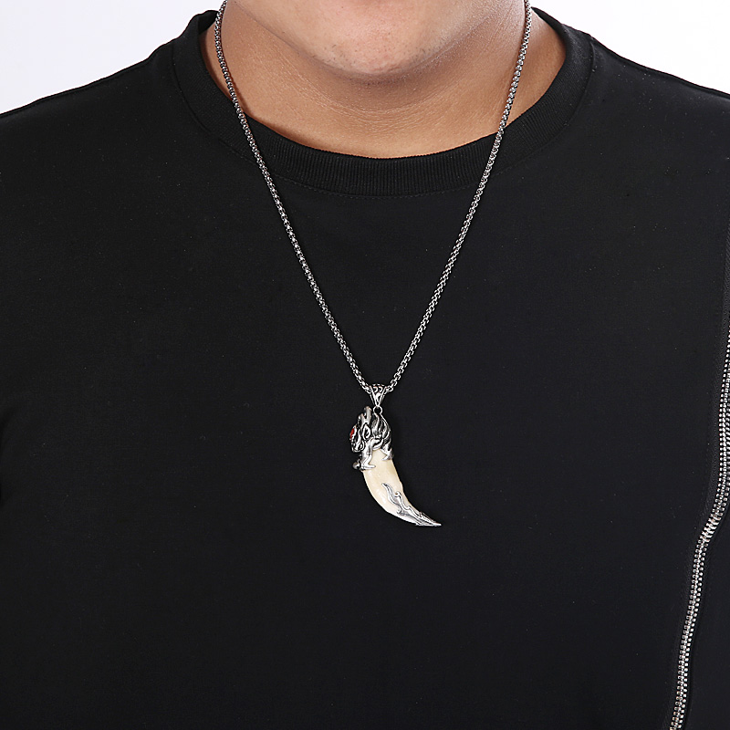 纯银貔貅招财狼牙吊坠护身霸气手工真牙男士项链个性钥匙扣挂件潮