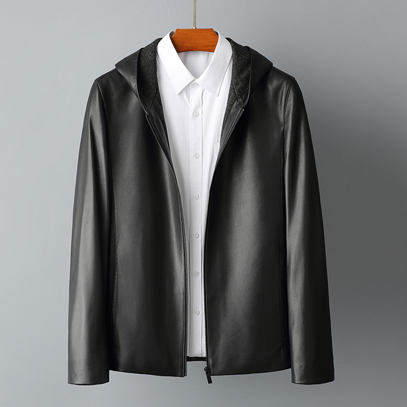 秋冬新款绵羊皮海宁真皮皮衣男连帽短款大码带帽真皮夹克外套