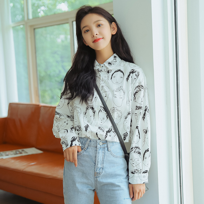 章若楠ins学生棉麻印花衬衫女
