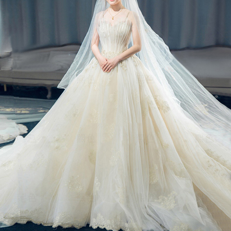 婚纱2021新款长拖尾公主简约梦幻显瘦吊带抹胸婚纱