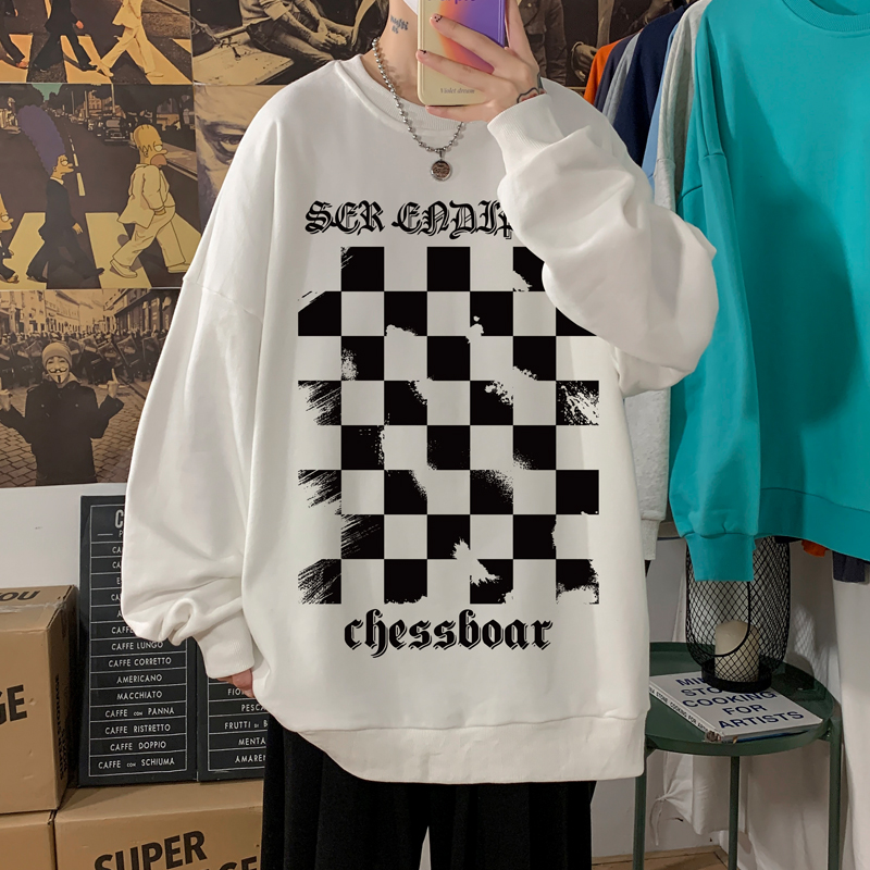 棋盘格卫衣男春秋季加绒加厚打底衫ins潮流内搭宽松格子无帽外套