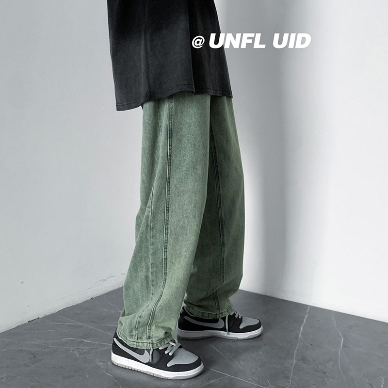 pureピュア复古水洗高级感牛仔男裤oversize绿色宽松直筒拖地裤潮