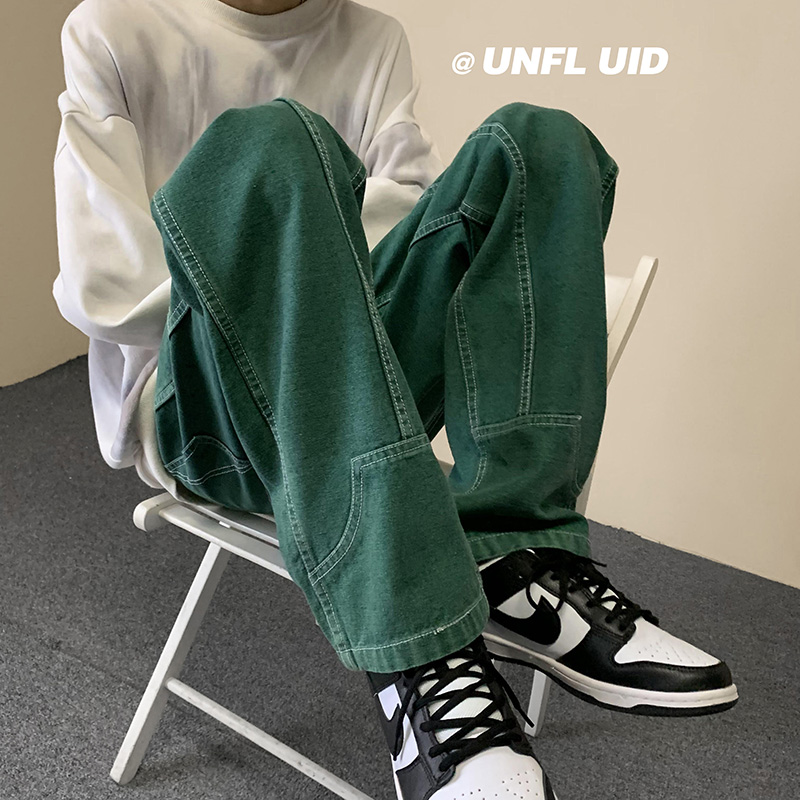 墨绿色痞帅高街ins潮牌宽松牛仔直筒裤美式oldschool拼接工装男裤