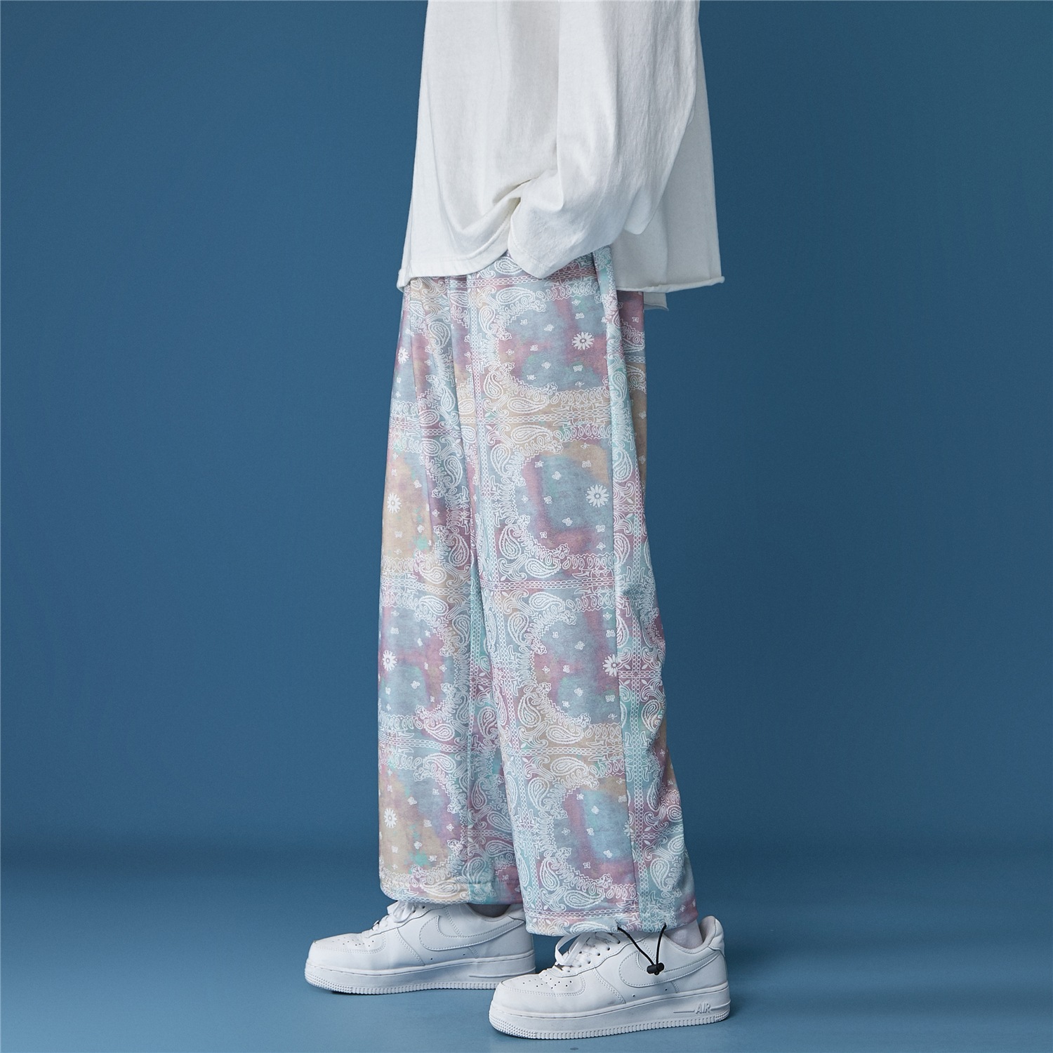 国潮vibe裤扎染腰果印花直筒束脚休闲九分裤抽绳高街ins潮设计感