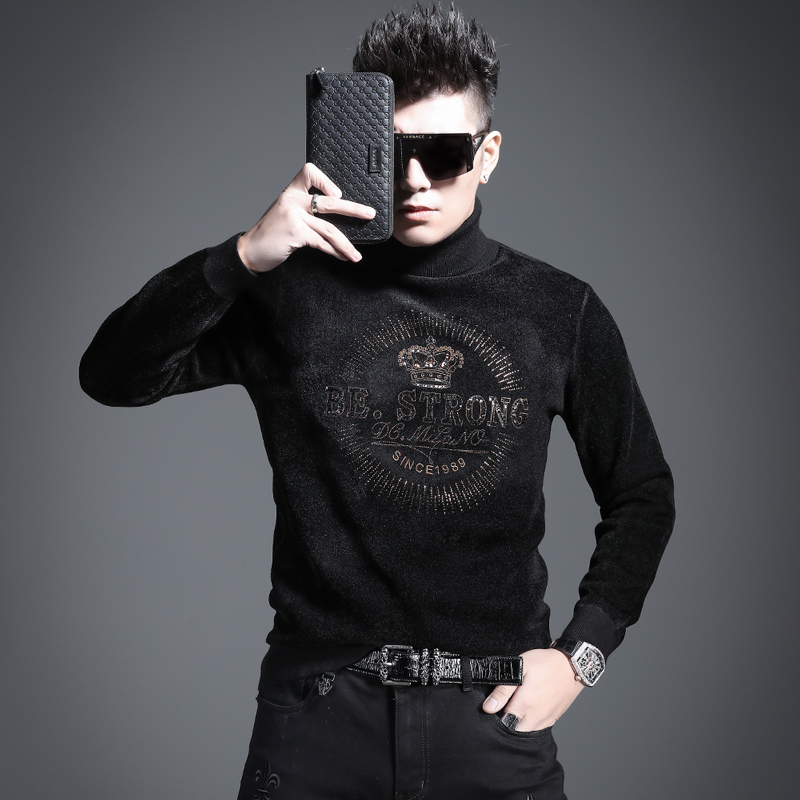言吉潮牌男装针织衫皇冠刺绣烫钻时尚修身高领打底衫冬季新款毛衣
