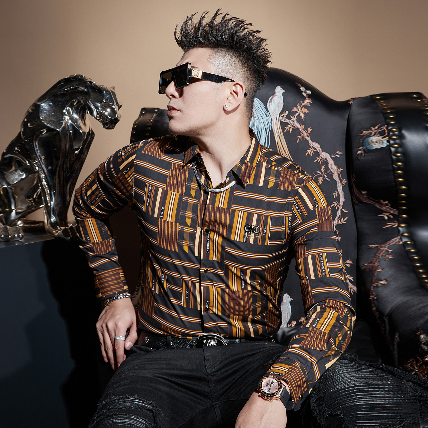 言吉潮牌男装条纹衬衣2022新款修身休闲潮流男士春季长袖格子衬衫