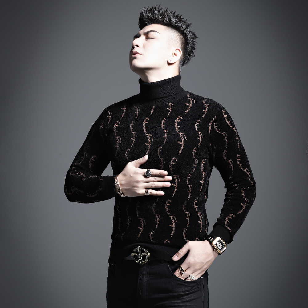 言吉毛衫新款上衣打底衫毛衣休闲男装秋装潮流高领条纹修身针织衫