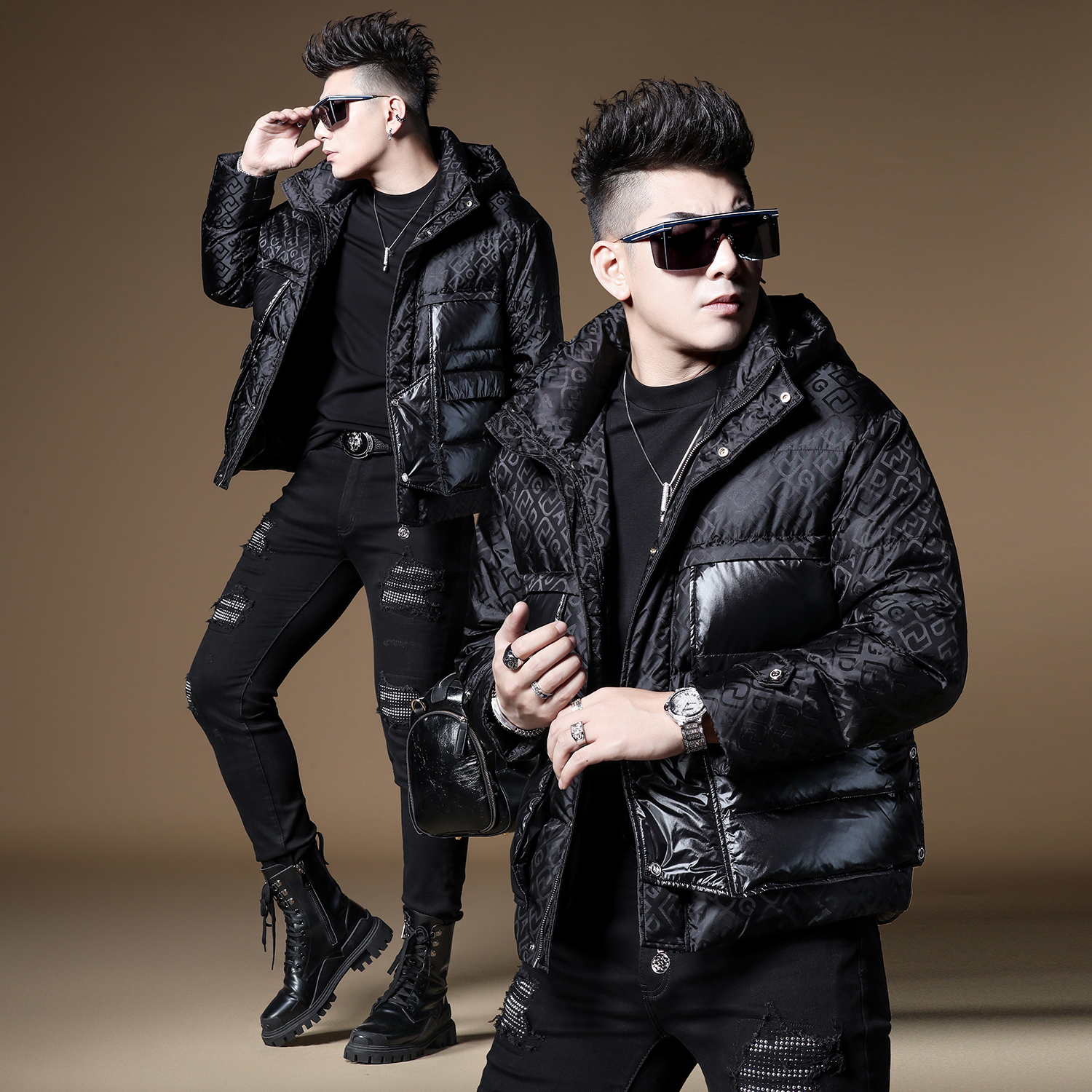 言吉潮流男装新品拼接设计羽绒服男士冬季时尚潮牌防风保暖外套男