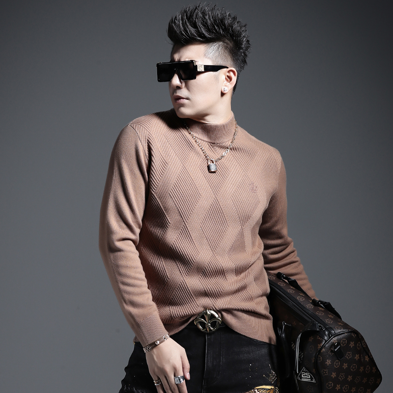 言吉针织衫男士打底衫韩版提花秋冬加厚保暖长袖新款高领潮流毛衣