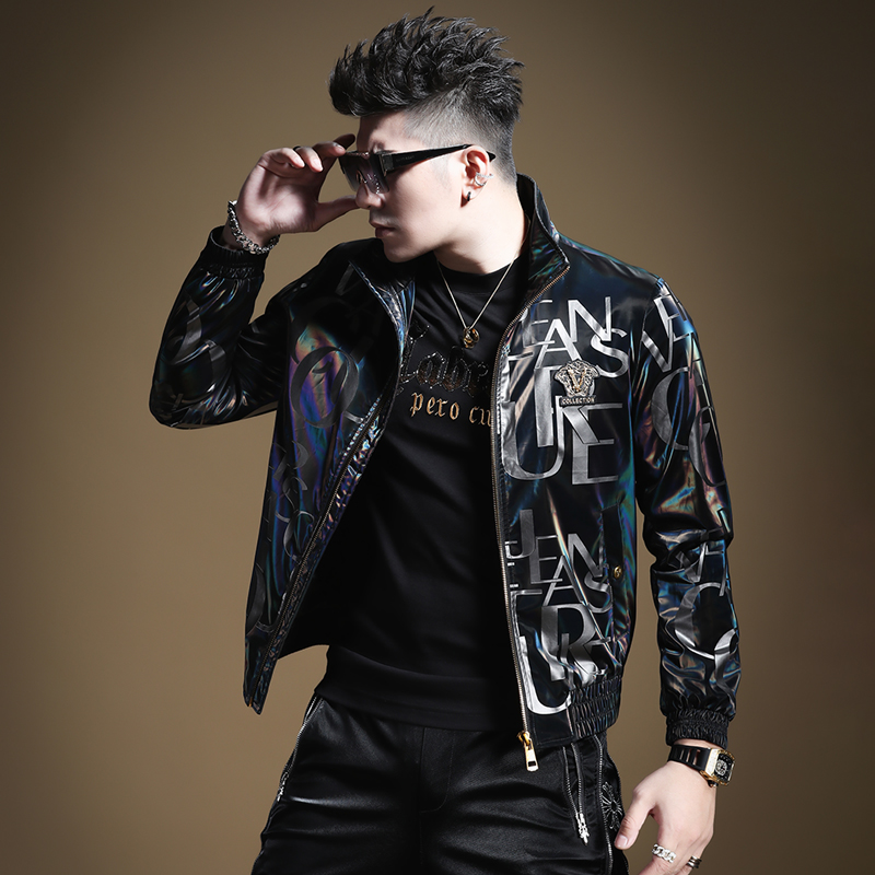 言吉潮牌男装上衣秋冬亮面字母炫彩帅气潮流修身休闲外套秋季夹克