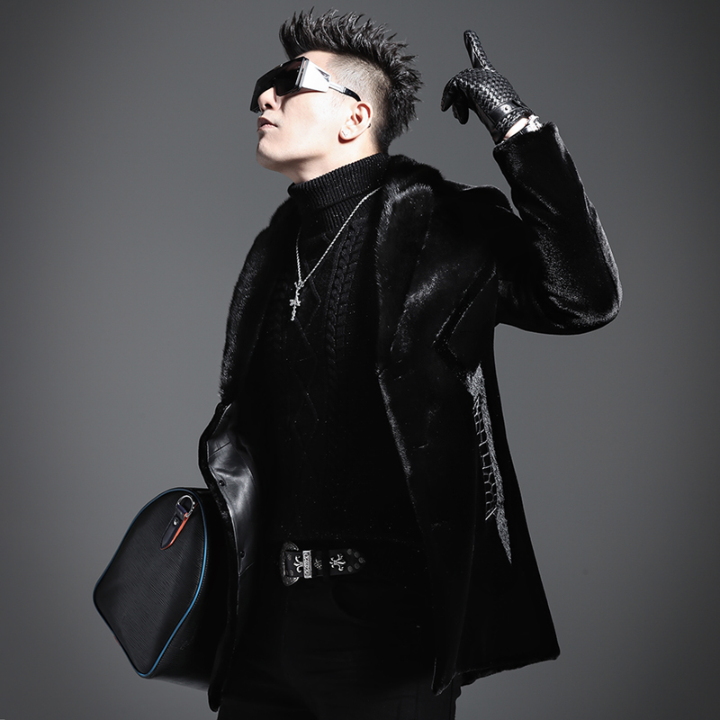 男装秋冬水貂毛领皮衣海宁真皮拼接帅气皮草大衣中长款冬季厚外套