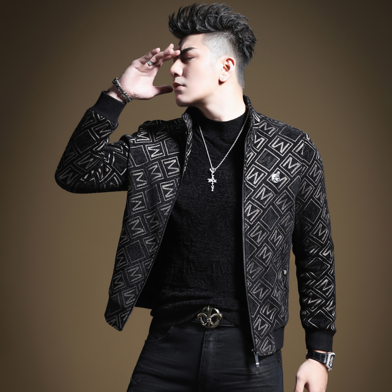 言吉冬季新款男士针织加棉休闲夹克立领厚外套欧货高级感潮流男装