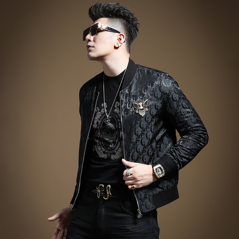 言吉潮牌男装秋装新款修身蜜蜂刺绣潮流休闲秋季加厚夹棉外套夹克