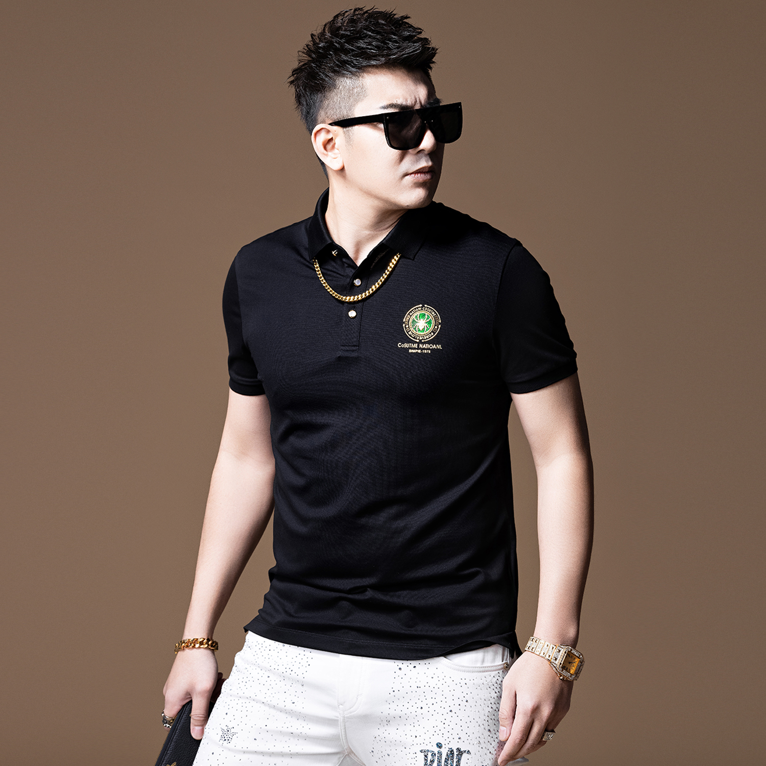 言吉时尚潮牌高端潮流POLO衫男士翻领夏季新款男装纯色短袖T恤