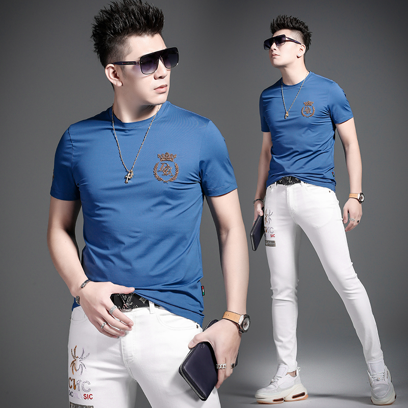 言吉高端男装奢侈品牌修身夏装刺绣夏季潮牌男士短袖2022新款t恤