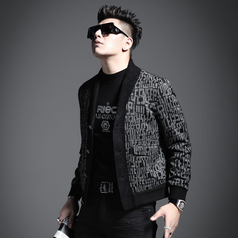 言吉潮牌新款修身百搭秋季上衣男士潮流外套针织字母休闲秋冬夹克