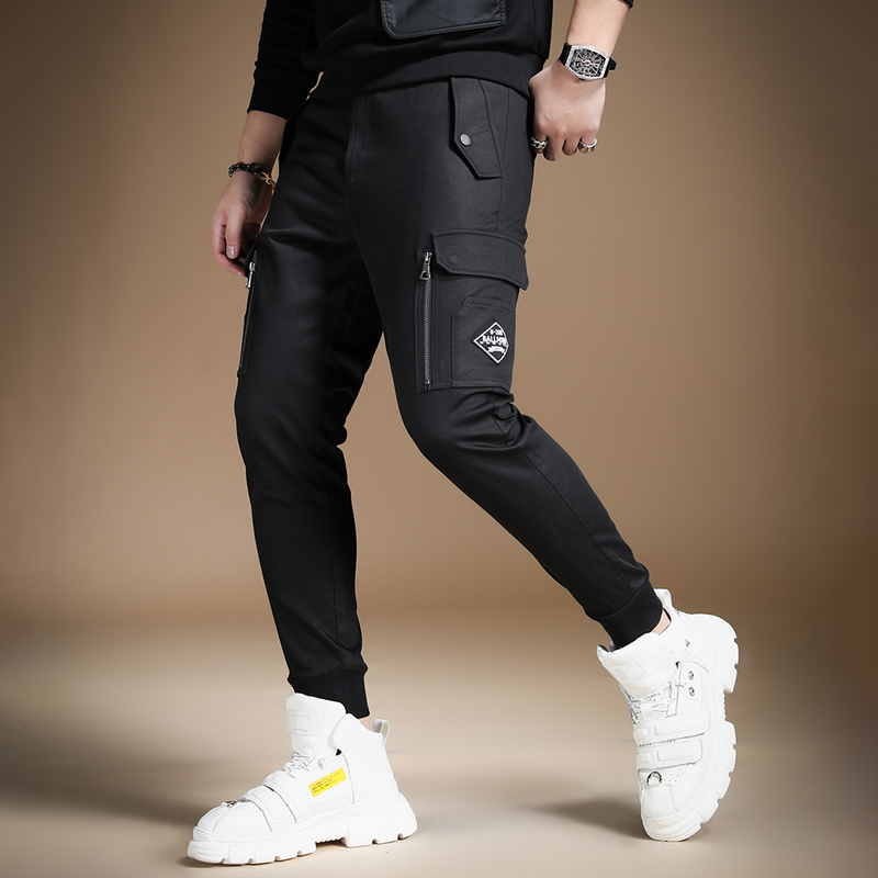 言吉男士裤子拉链口袋工装韩版束脚裤新款修身夏季薄款长裤休闲裤