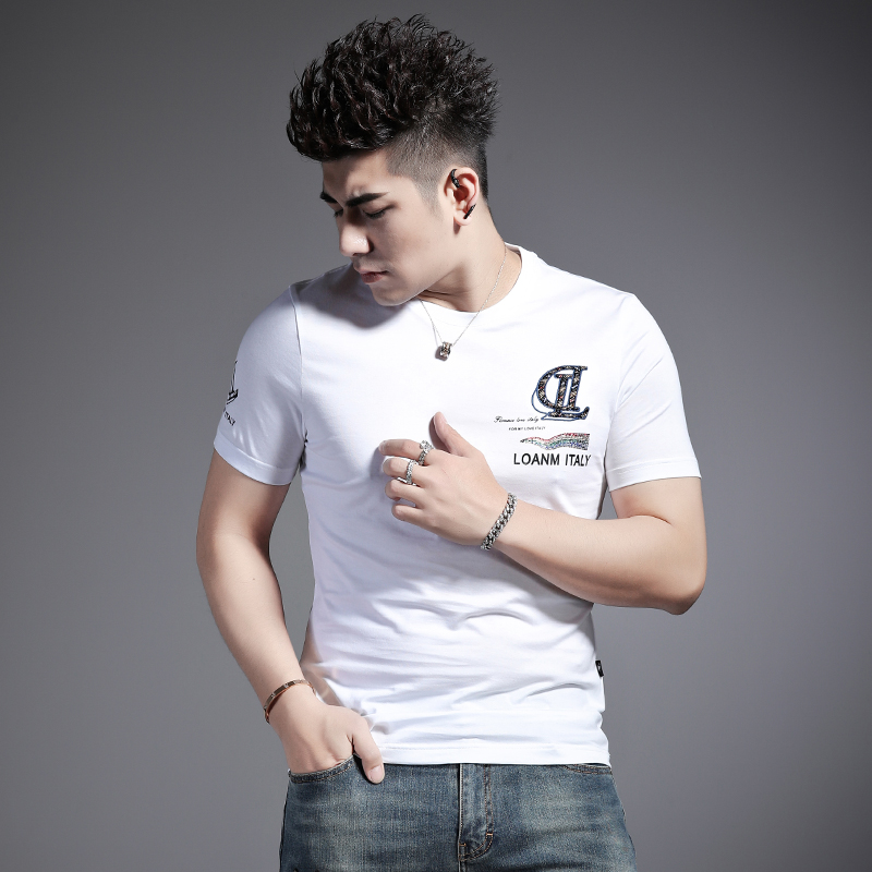 言吉高端潮流男装夏季男士短袖2022新款帅气刺绣白色修身衣服t恤
