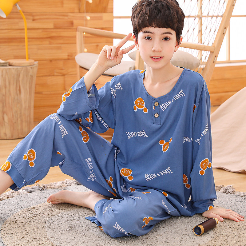 夏天男童睡衣长袖大码男孩人造棉套装男生青少年家居服套装