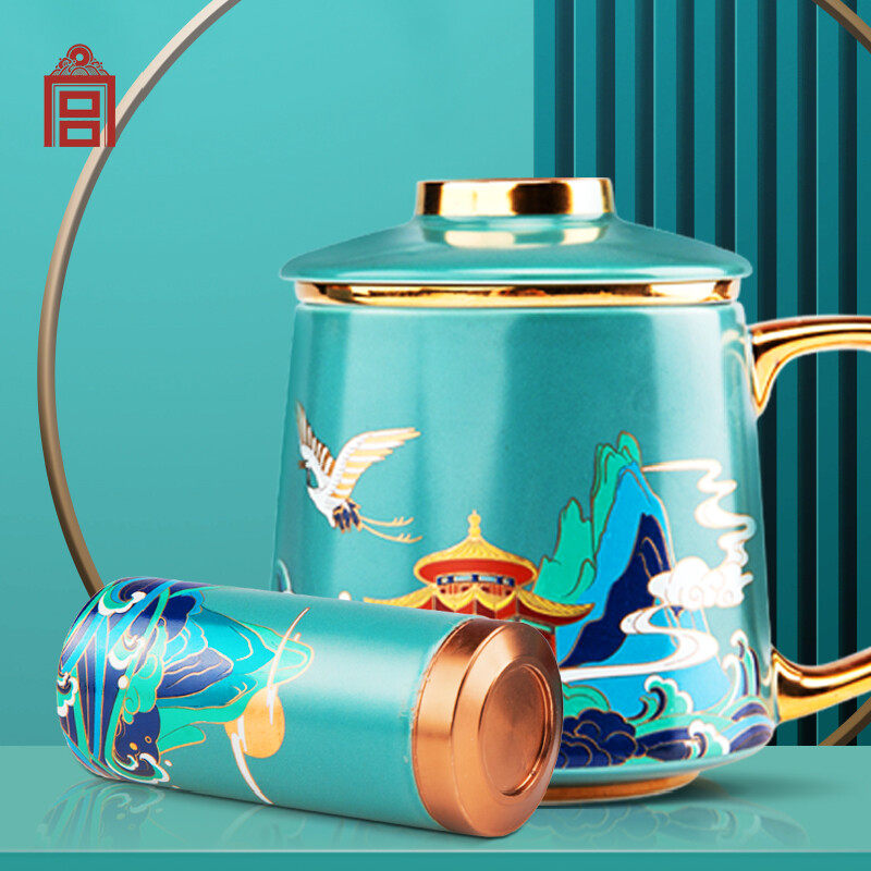 故宫文创鹿鹤同春茶杯茶罐礼盒套装带盖滤茶文化创意杯子