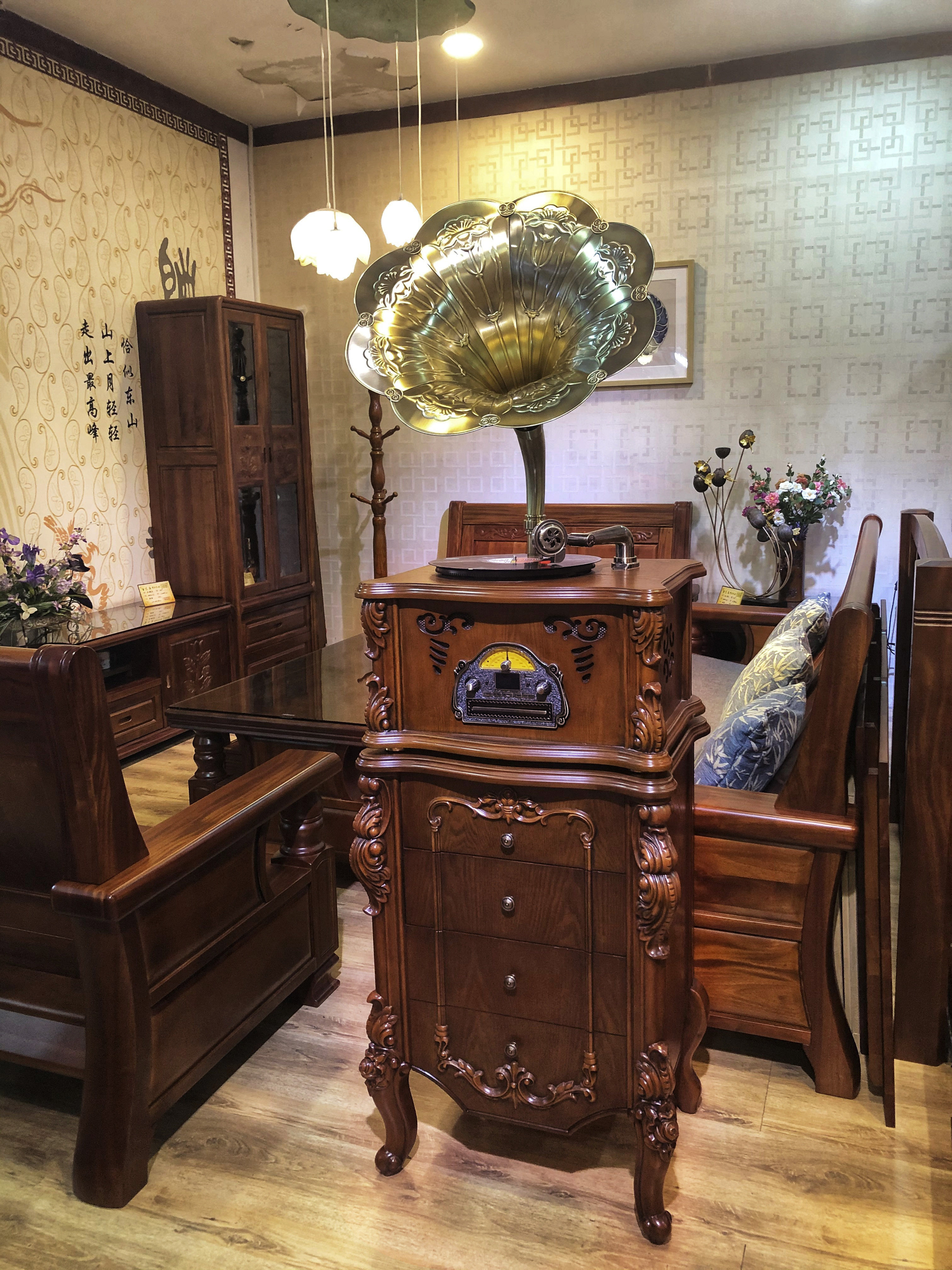 今墨留声机复古客厅欧式黑胶唱片机老式仿古流声机留音机大喇叭a9